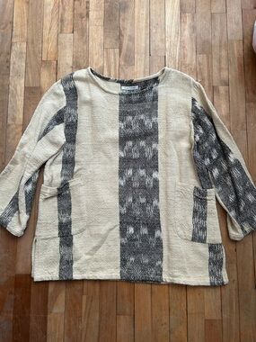 Yasuko Kurosaka 100% Cotton Textured Cream and Charcoal Striped Pullover